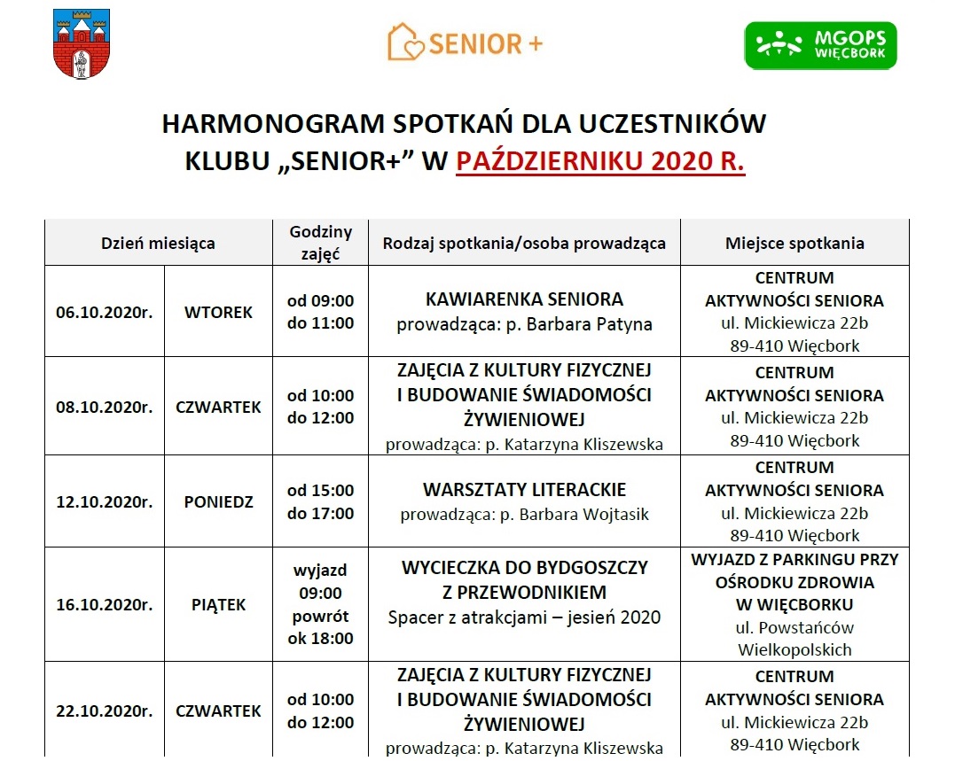 Ilustracja główna przedstawia harmonogram spotkań seniorów na październik 2020 r.