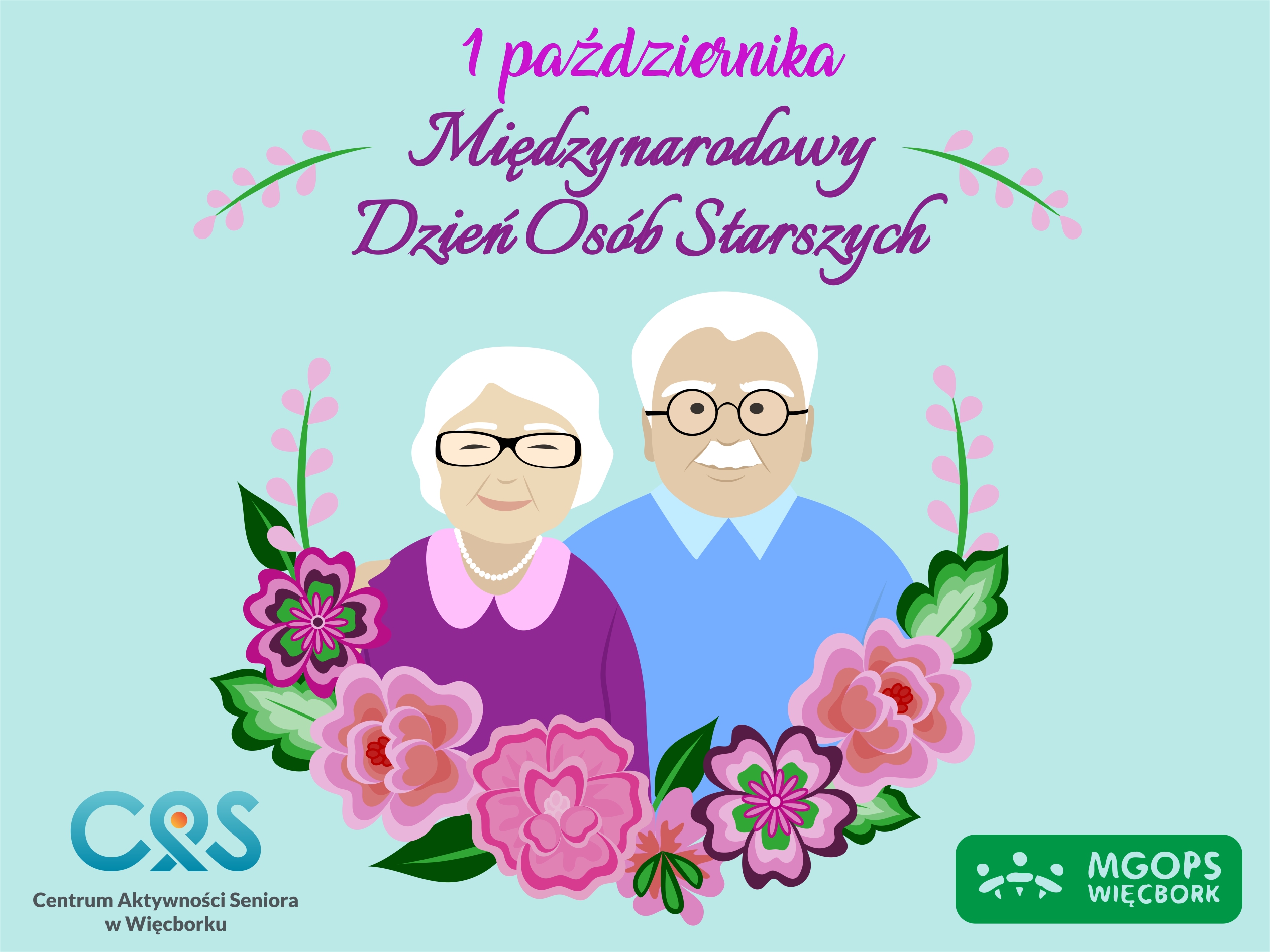 Ilustracja główna przedstawia parę seniorów oraz napis: 1 października Międzynarodowy Dzień Osób Starszych.