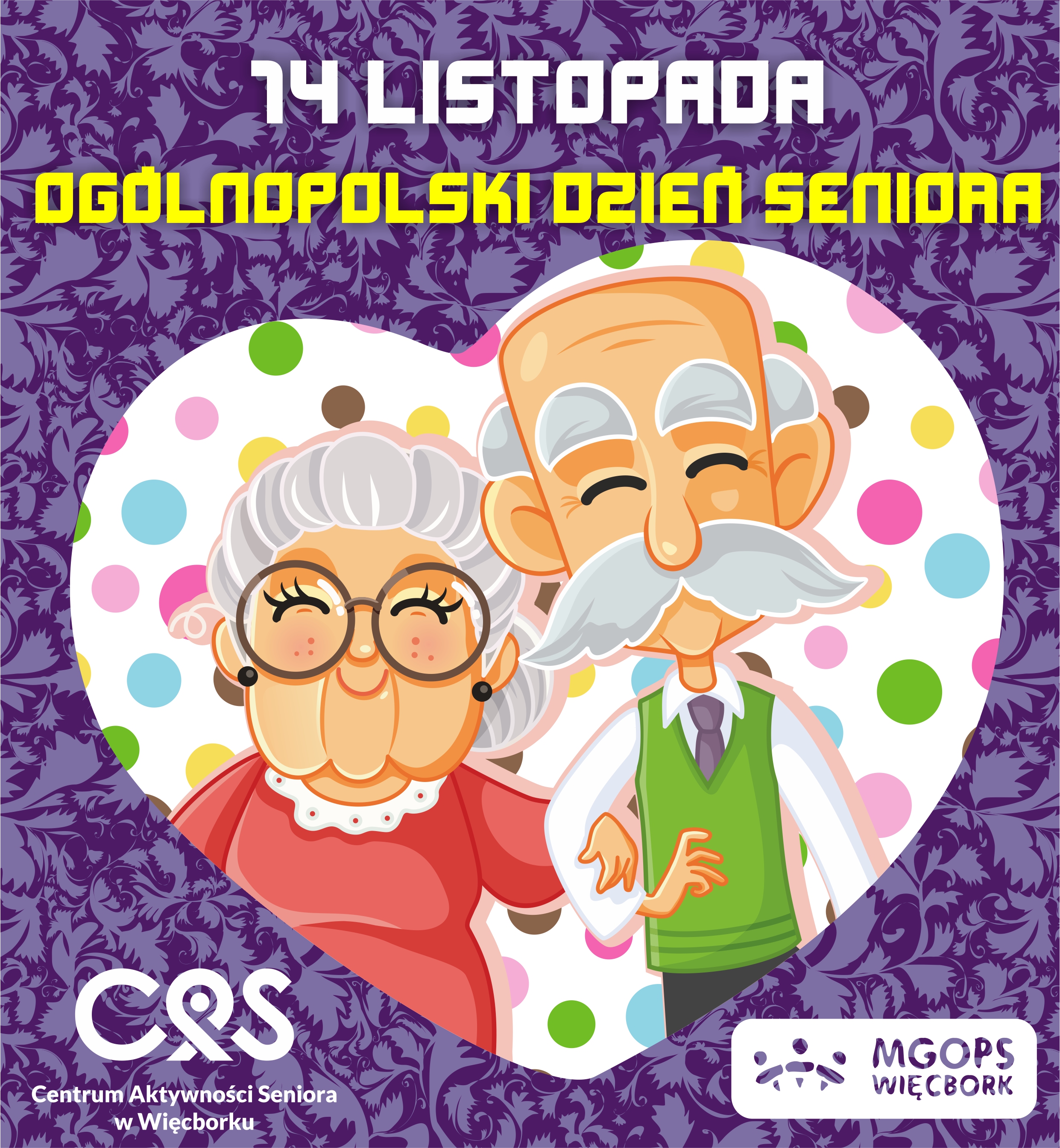 Grafika główna przedstawia napis: 14 listopada Ogólnopolski Dzień Seniora oraz dwoje seniorów