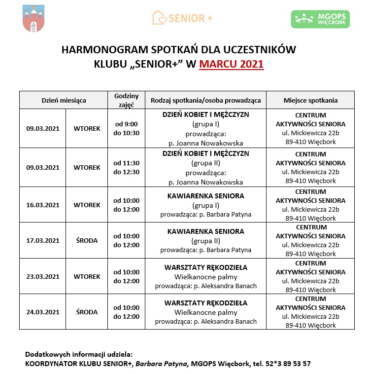 Grafika przedstawia harmonogram spotkań seniorów